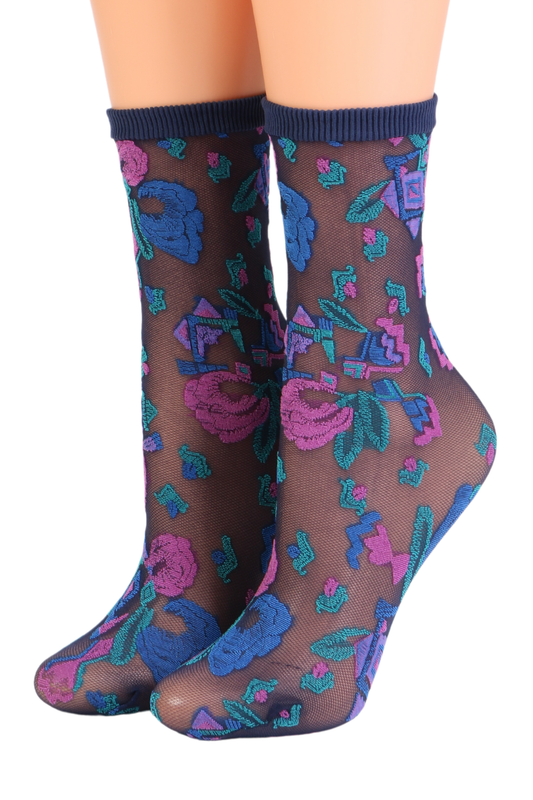 Sheer Blue Socks with Colorful Pattern