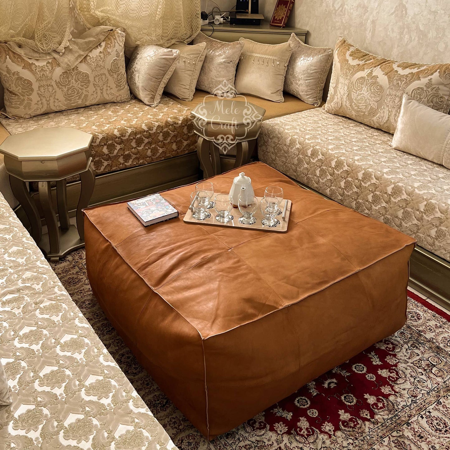 CowHide Leather OttomanTable-Unstuffed