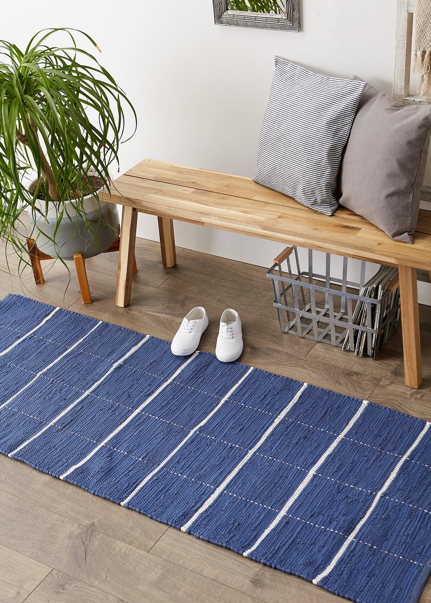 French Blue & Cream Farmhouse Check Rug 2Ft 3In x 6Ft