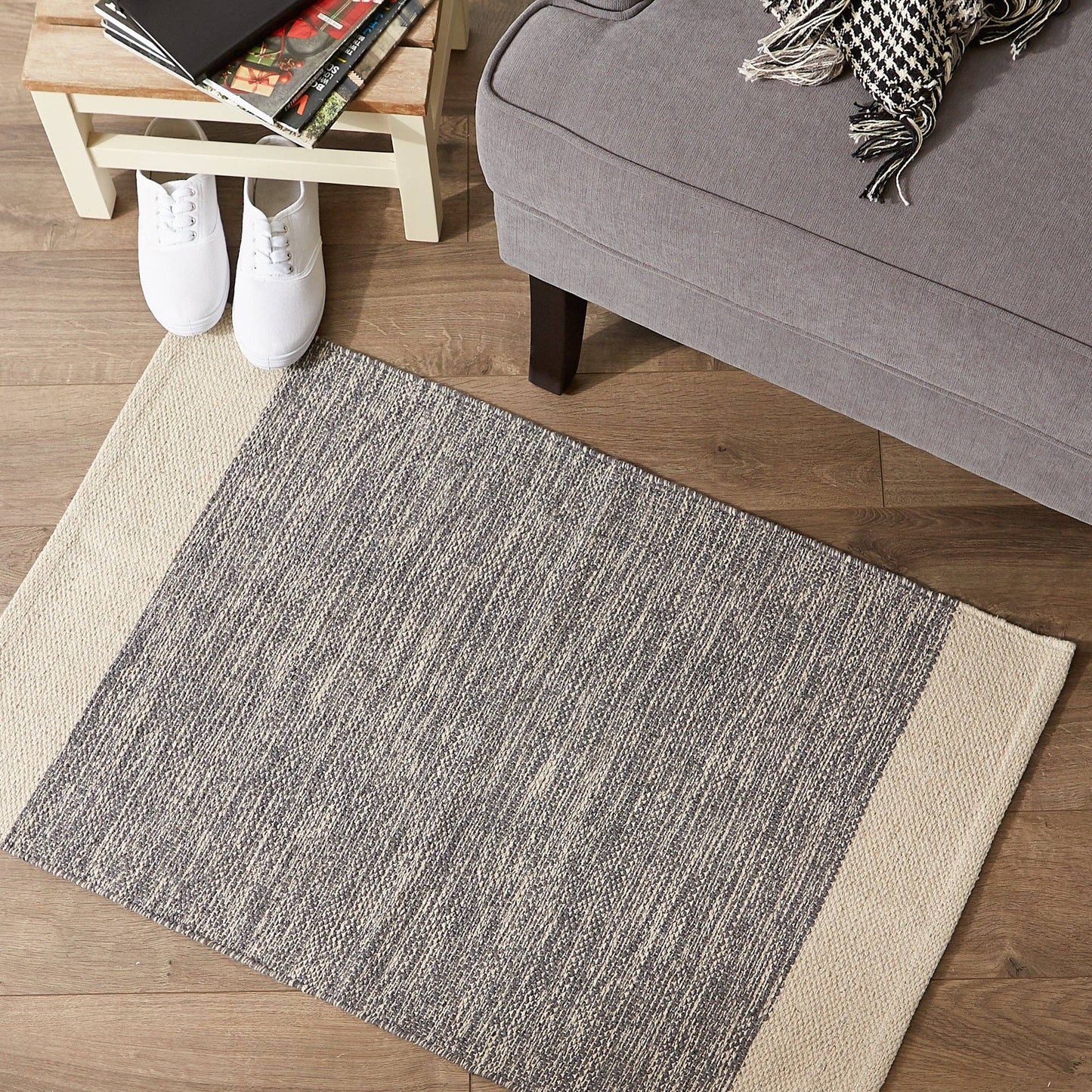 Gray Variegated Border Hand-Loomed Rug
