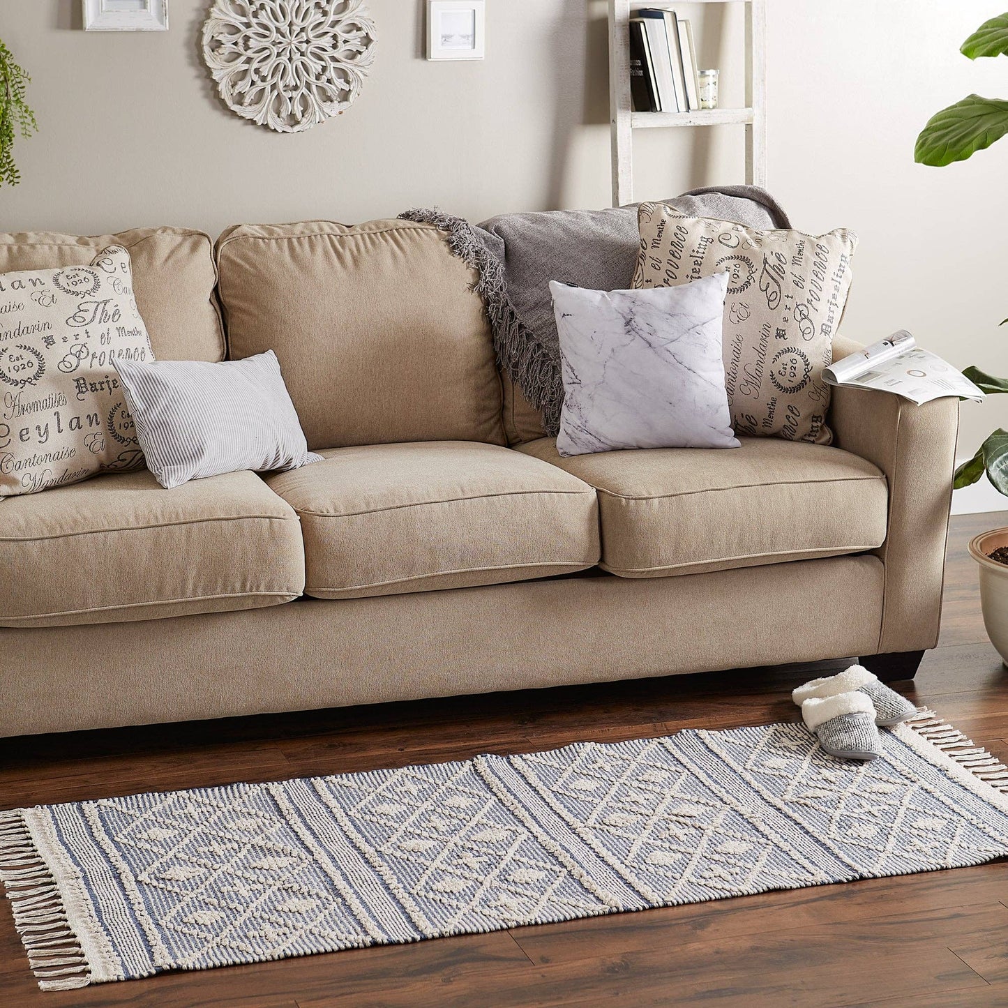Natural And French Blue Diamond Textured Hand-Loomed Runner