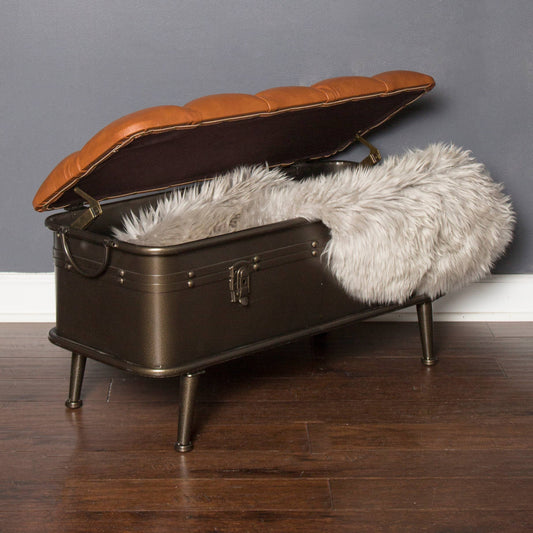 Tan Tufted Faux Leather Storage Bench 17" height