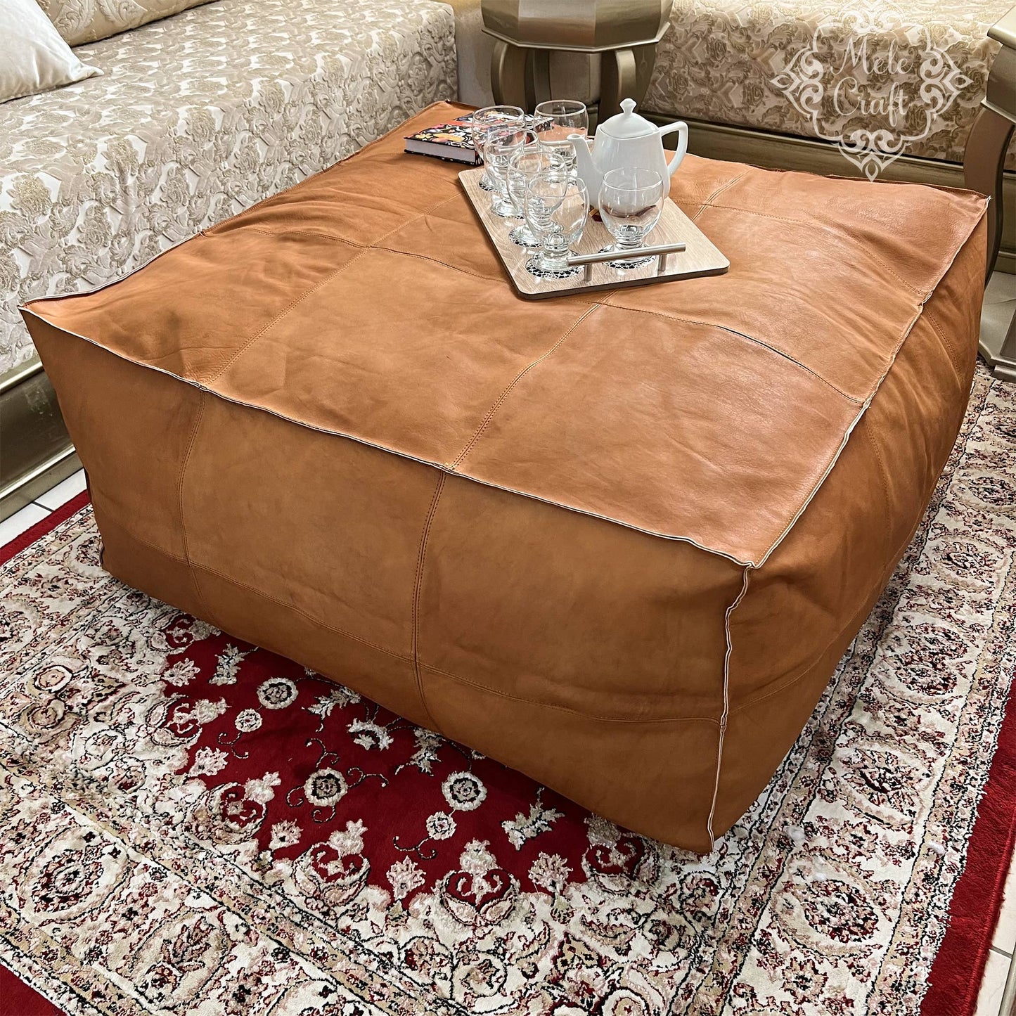 CowHide Leather OttomanTable-Unstuffed