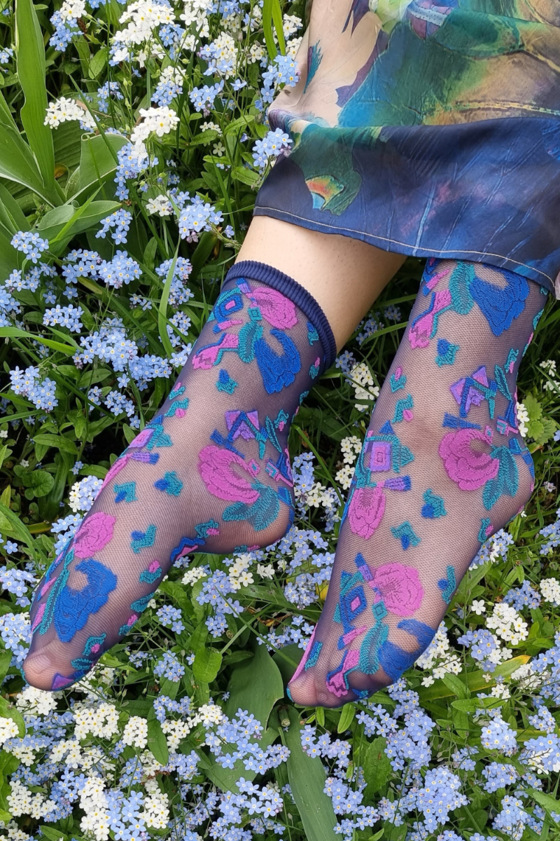 Sheer Blue Socks with Colorful Pattern