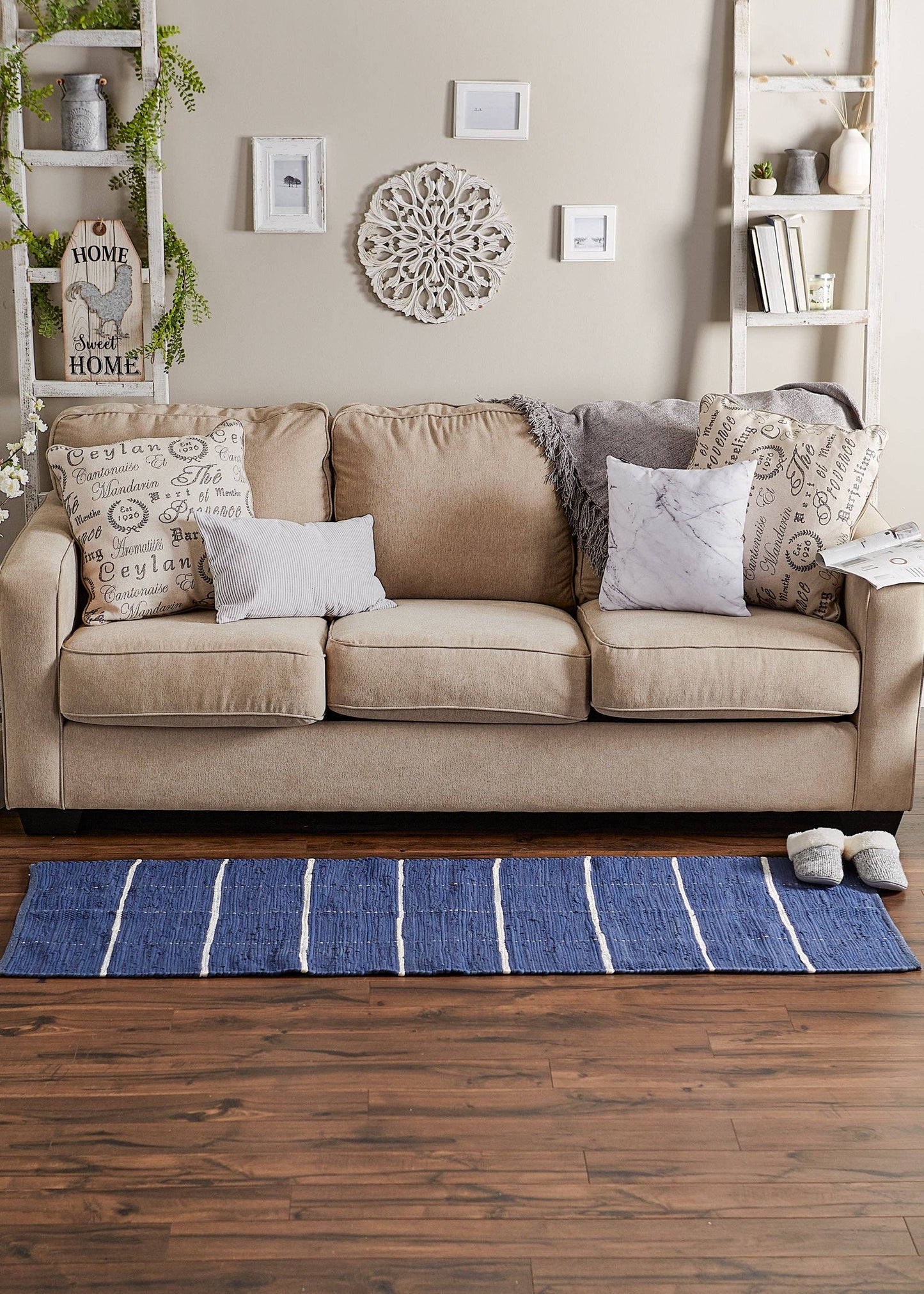 French Blue & Cream Farmhouse Check Rug 2Ft 3In x 6Ft