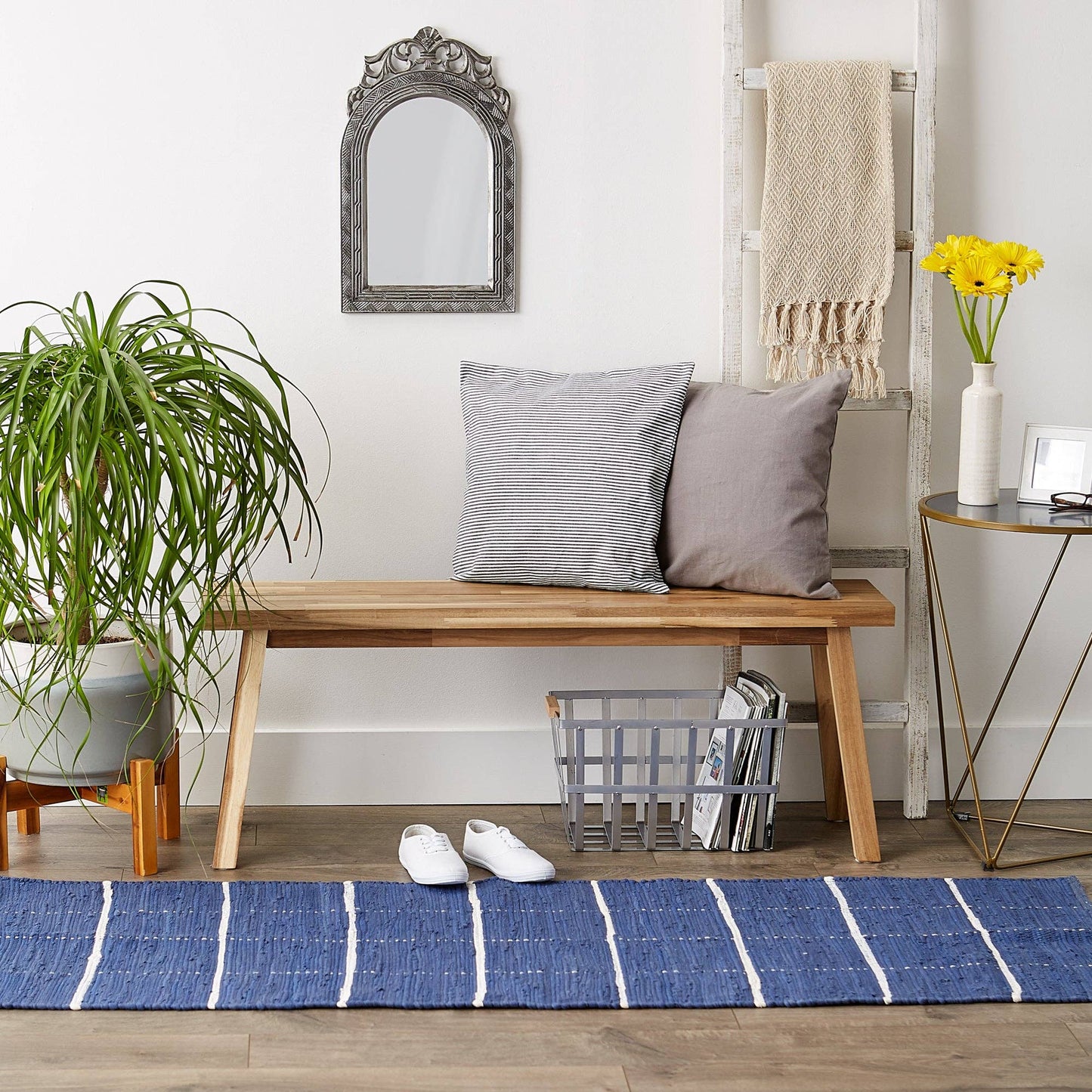 French Blue & Cream Farmhouse Check Rug 2Ft 3In x 6Ft