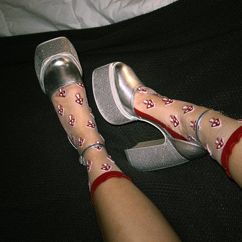 Sheer Mushroom Socks In Red Ruffles