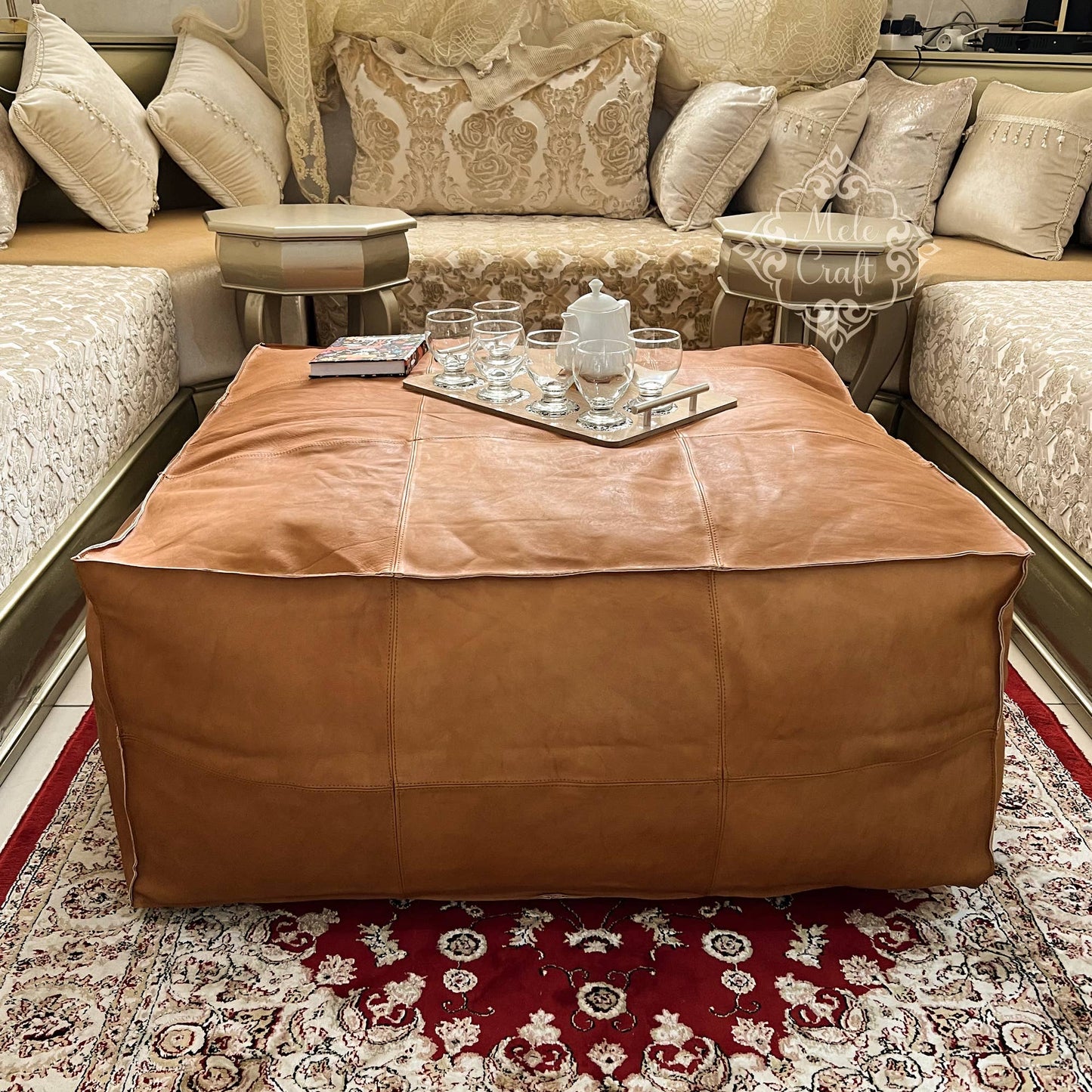 CowHide Leather OttomanTable-Unstuffed
