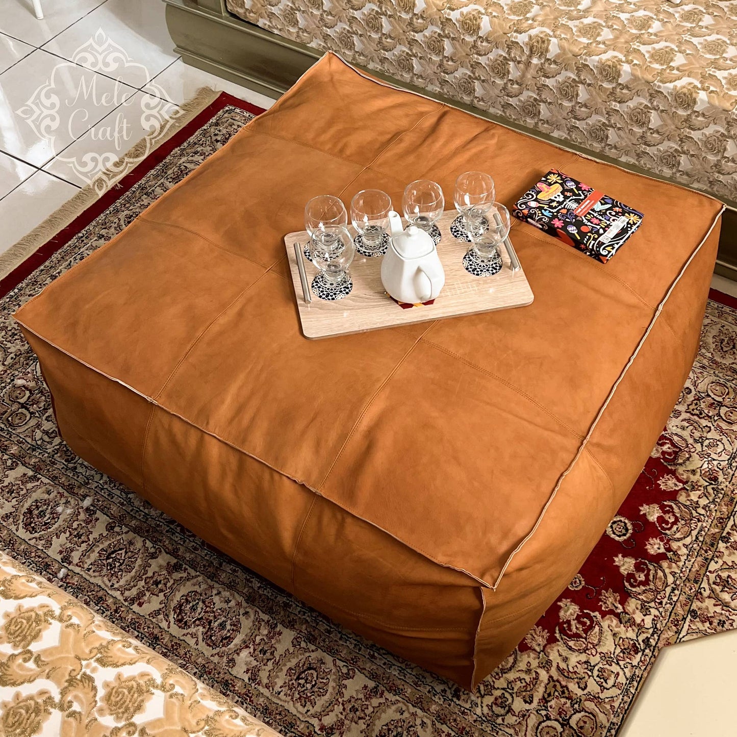 CowHide Leather OttomanTable-Unstuffed