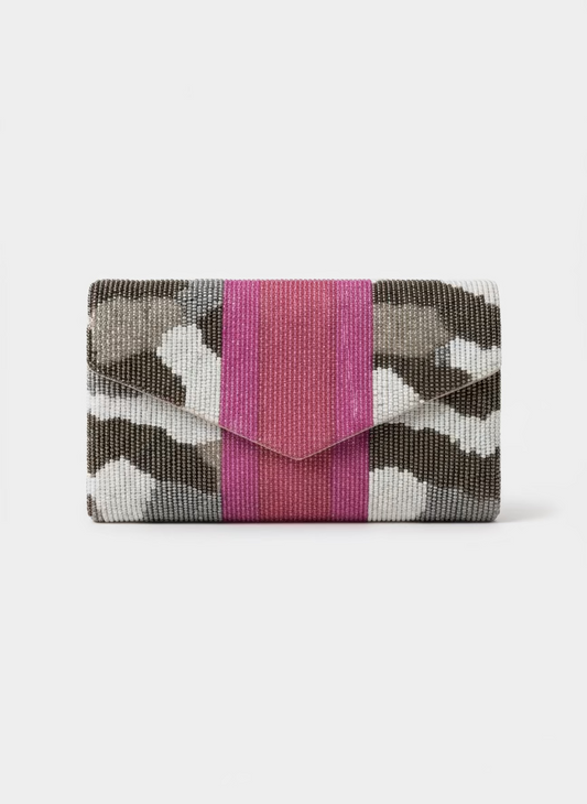 Pewter & White w/Hot Pink Race Stripes Beaded Clutch