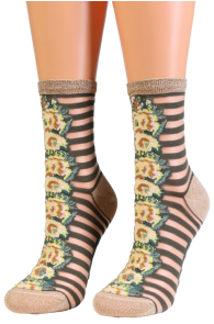Sheer Striped Socks with Flowers