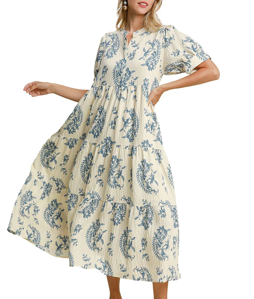 Tiered Blue & White Maxi Dress