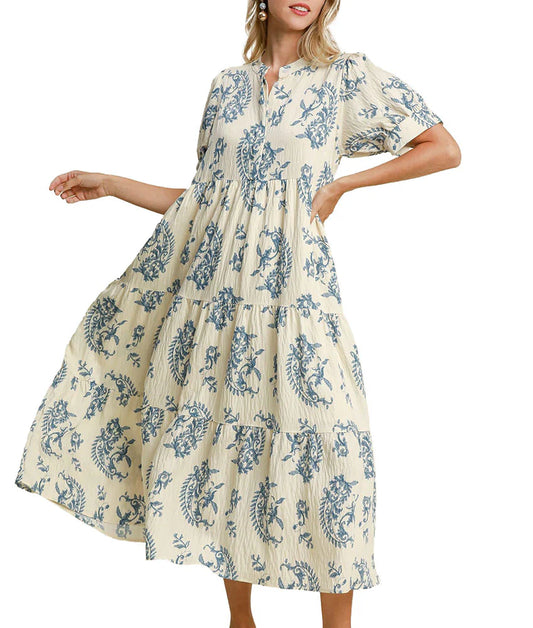 Tiered Blue & White Maxi Dress