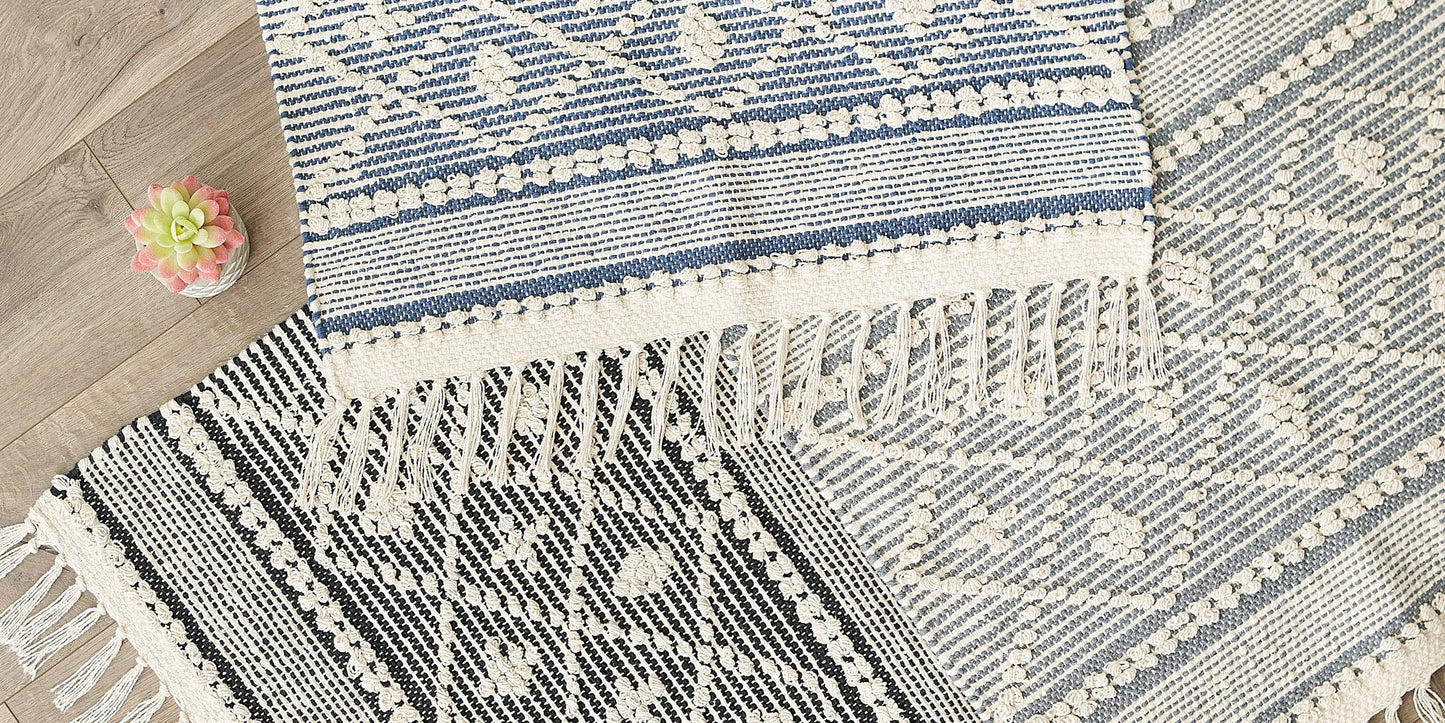 Natural And French Blue Diamond Textured Hand-Loomed Runner