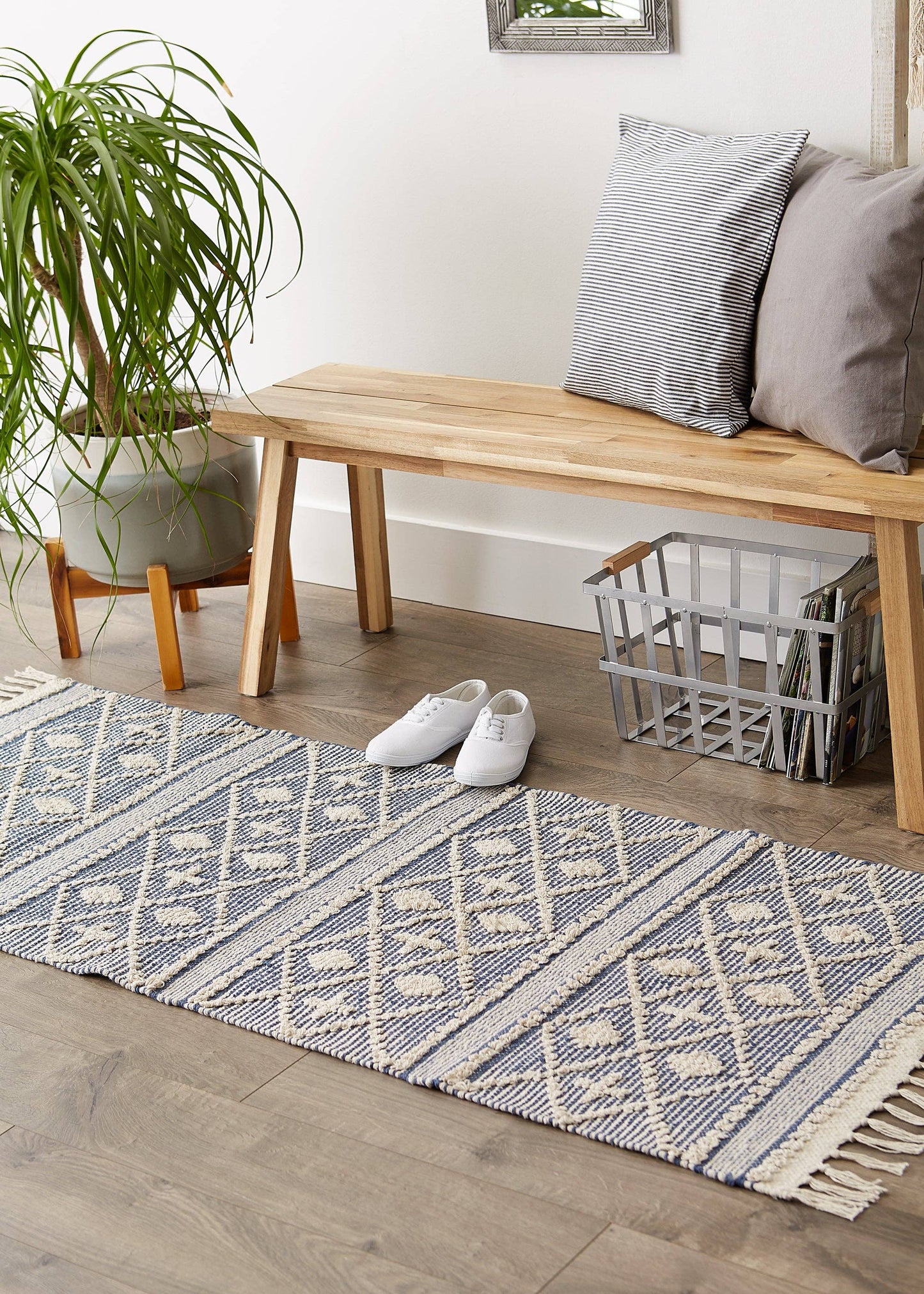 Natural And French Blue Diamond Textured Hand-Loomed Runner