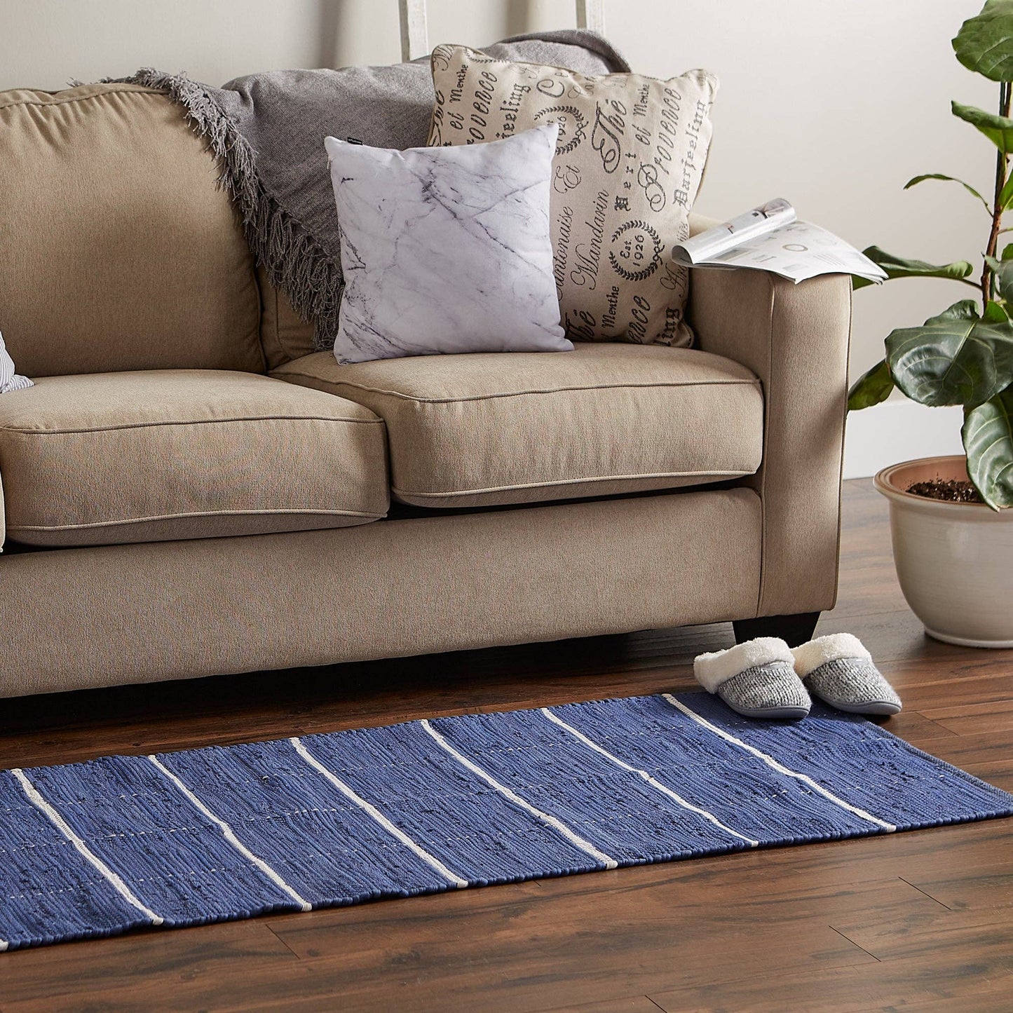 French Blue & Cream Farmhouse Check Rug 2Ft 3In x 6Ft