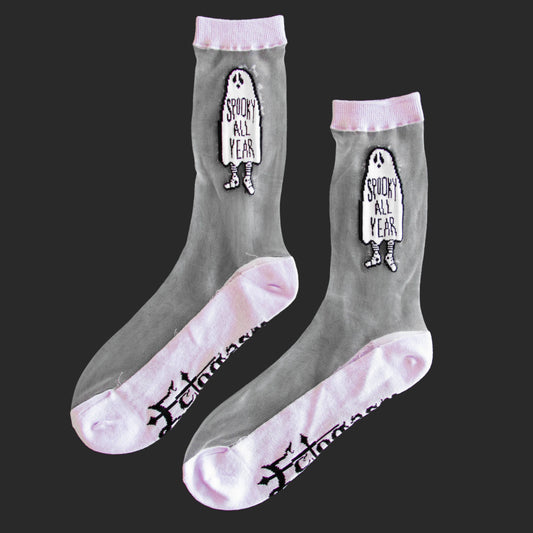 "Spooky All Year" Sheer Ghost Crew Socks for Halloween