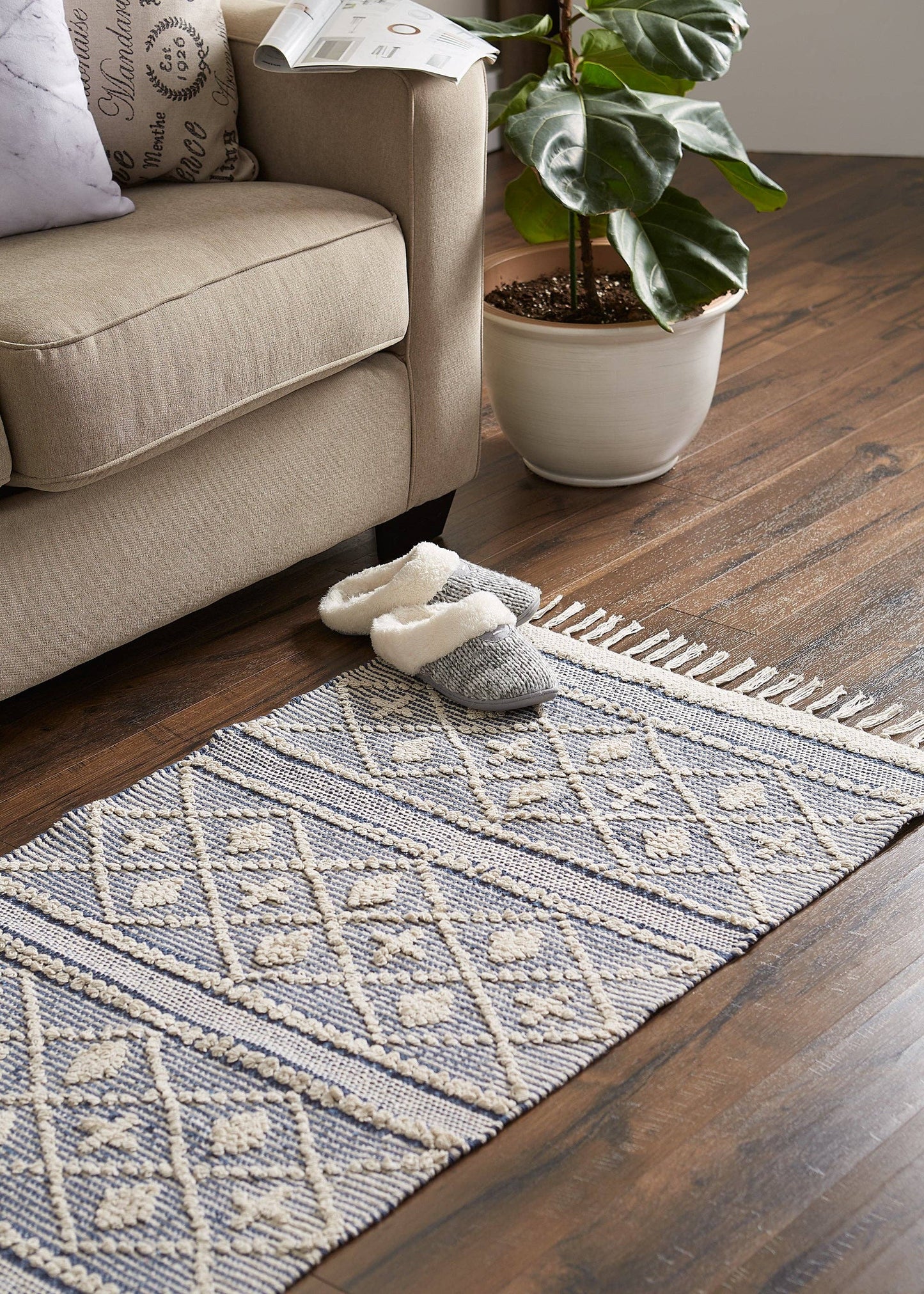 Natural And French Blue Diamond Textured Hand-Loomed Runner