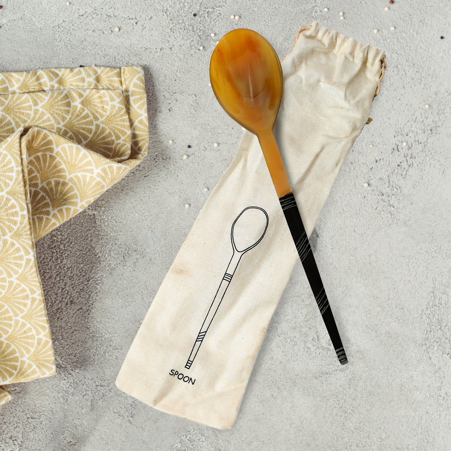 Horn Serving Spoon in Printed Drawstring Bag