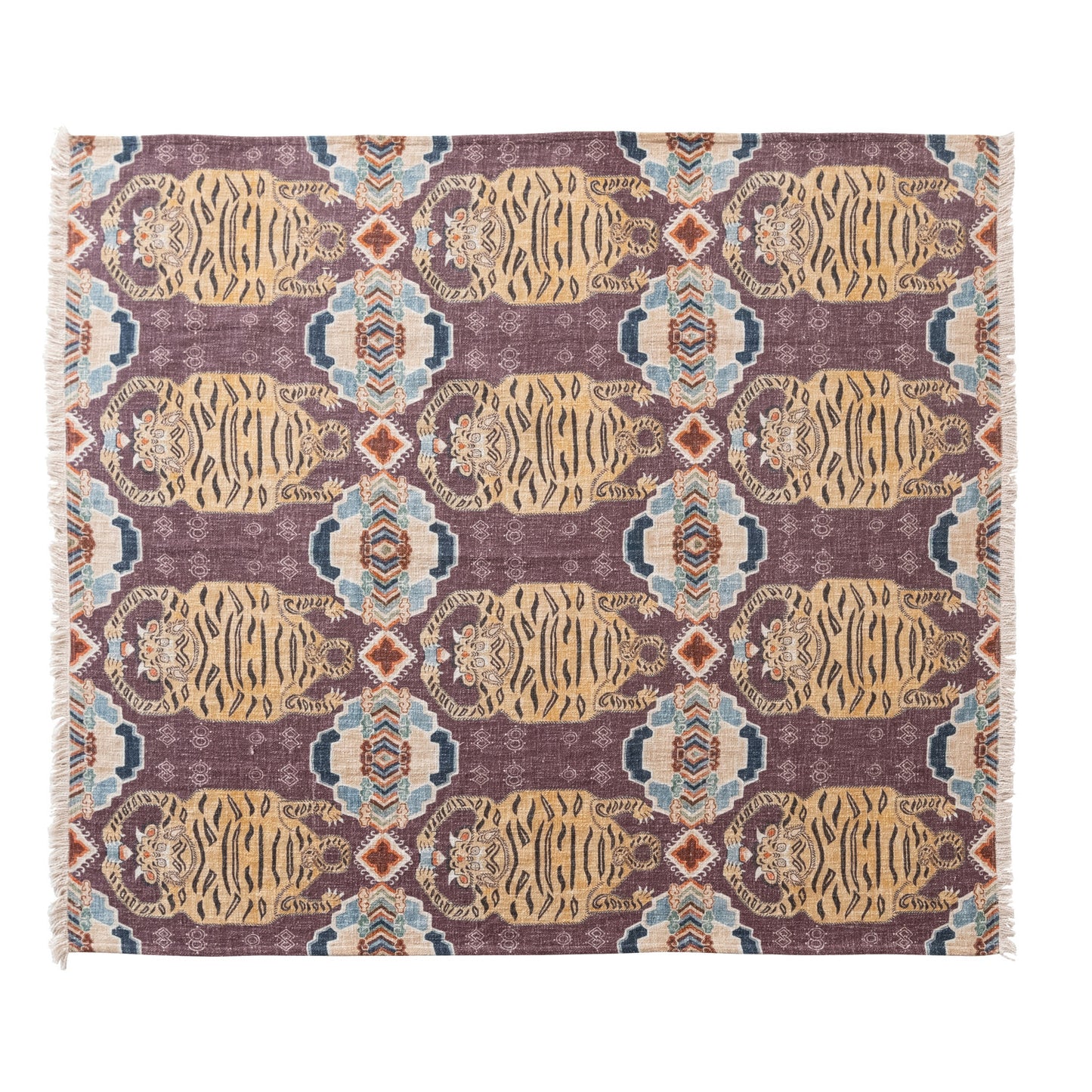 Cotton Slub Printed Throw w/ Tibetan Tigers Pattern & Fringe