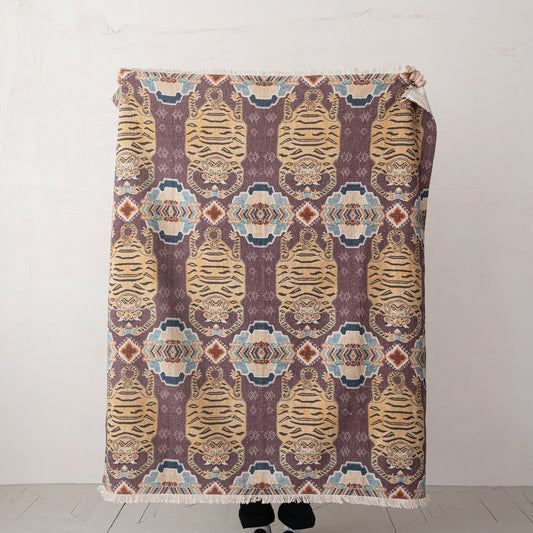 Cotton Slub Printed Throw w/ Tibetan Tigers Pattern & Fringe