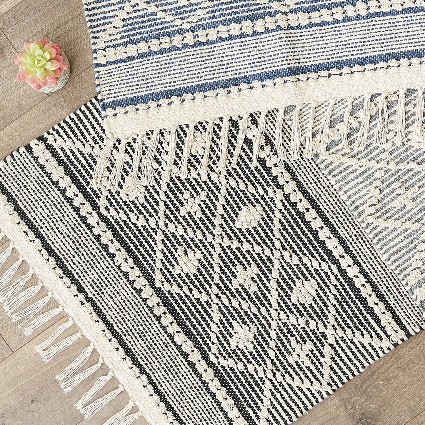 Natural And French Blue Diamond Textured Hand-Loomed Runner